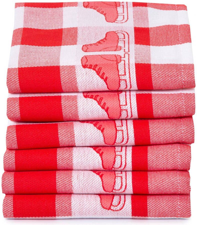 Twentse Damast Keuken Handdoeken Hollandse Designs Katoen Theedoeken Set 6 stuks 60x65 cm Schaatsen Rood