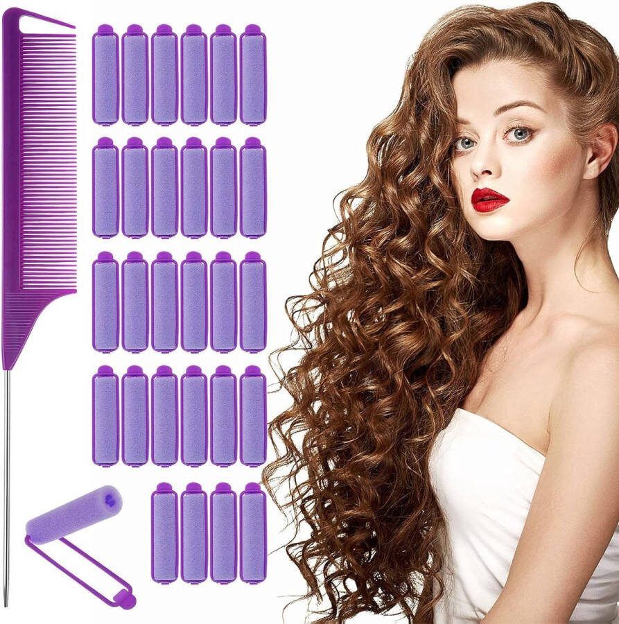 Twenty Two 56 stuks schuimspons haarrollers set (paars) voor alle haartypes met puntkam mooie krullen maken zonder hitte met zelfgrip schuimspons krulspelden en bevestigingsklem foamrollers brengt geen schade aan het haar