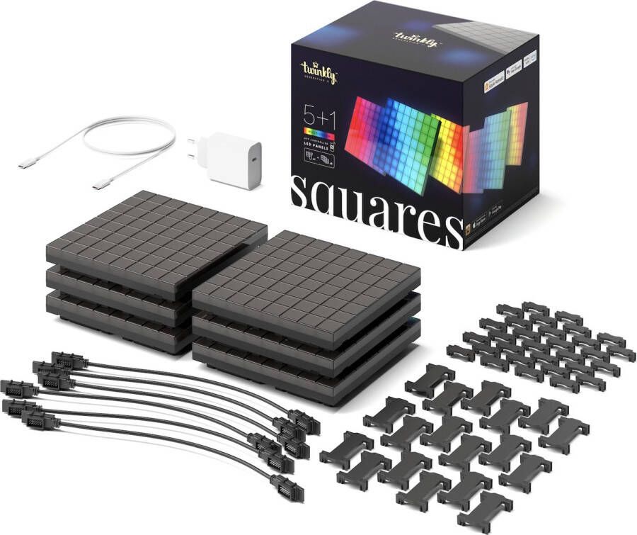 Twinkly Squares Slimme Verlichting Starterkit LED wandlamp Wandpaneel App gestuurde RGB Gaming Decoratie 6 ST Zwart