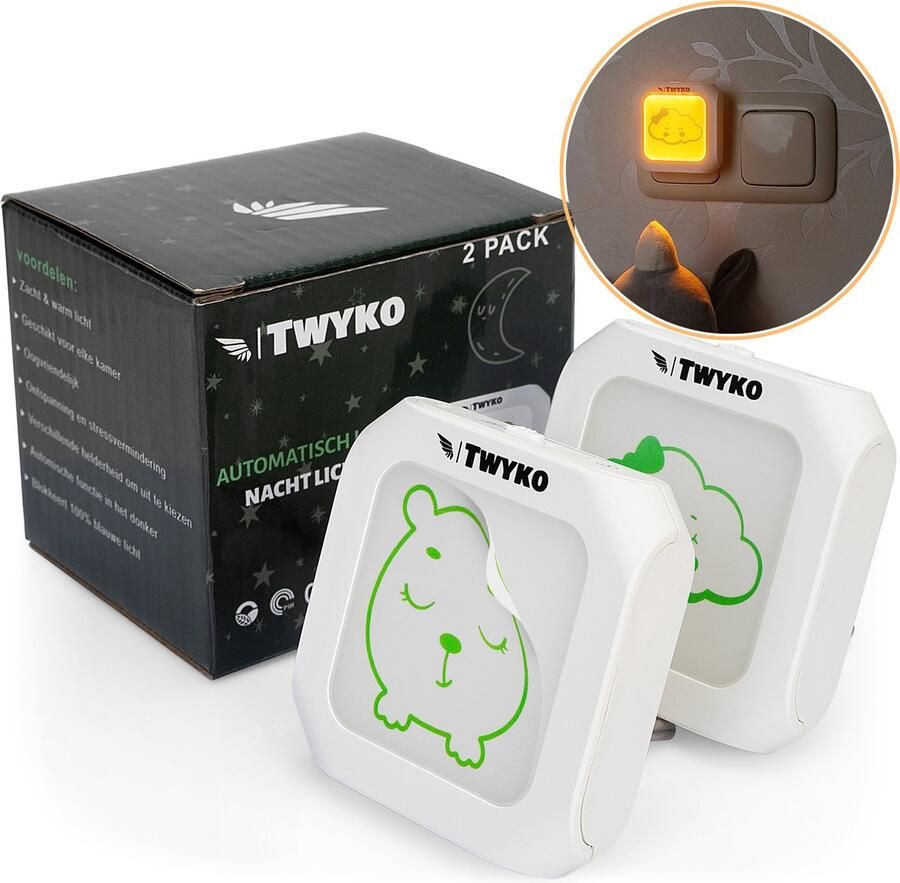Twyko Nachtlamp Set 2 stuks- Nachtlampje voor Kinderen Plug&Play Kinderlamp Nacht Lamp voor Kinderkamer & Babykamer Leeslamp Slaapkamer Kind & Baby Bed Leeslampje Dimbaar Bedlampje Nachtlampjes met sensor Bed Lees Lampje
