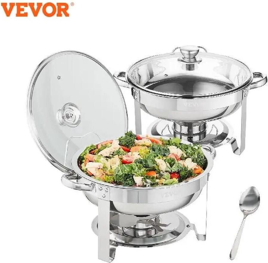 TX Store Vevor Buffet schotel 2 Stuks Warm Koud Catering Rondeschotel set Roestvrijstaal Glazen deksel 38cm Zilver Warm houden Voedsel Koud houden voedsel Bruiloft Feest Babyshower