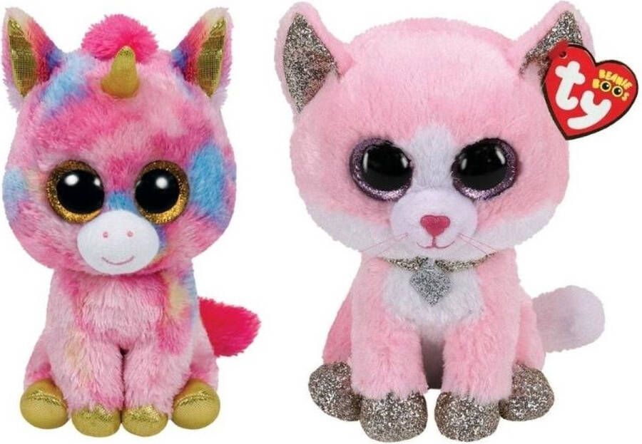 Ty Knuffel Beanie Boo&apos;s Fantasia Unicorn & Fiona Pink Cat