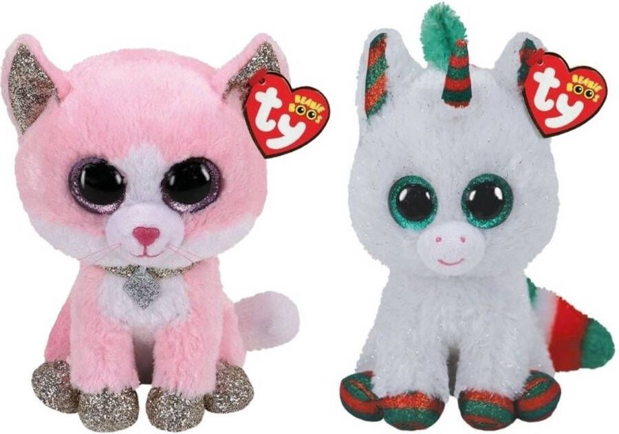 Ty Knuffel Beanie Boo&apos;s Fiona Pink Cat & Christmas Unicorn