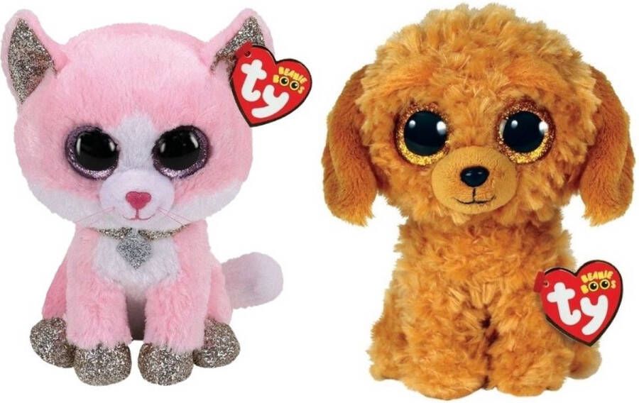 Ty Knuffel Beanie Boo&apos;s Fiona Pink Cat & Golden Doodle Dog