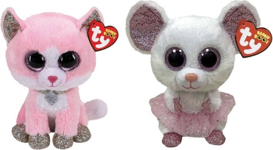 Ty Knuffel Beanie Boo&apos;s Fiona Pink Cat & Nina Mouse