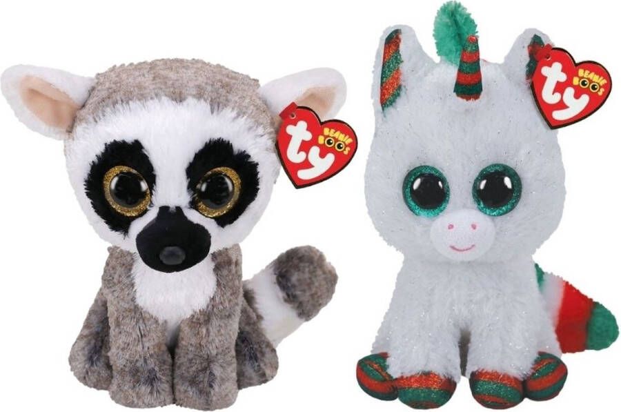 Ty Knuffel Beanie Boo&apos;s Linus Lemur & Christmas Unicorn