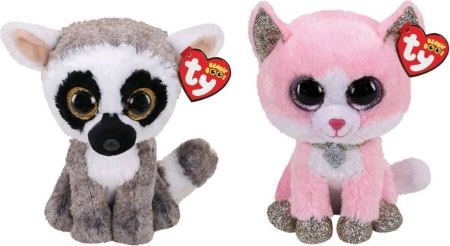 Ty Knuffel Beanie Boo&apos;s Linus Lemur & Fiona Pink Cat