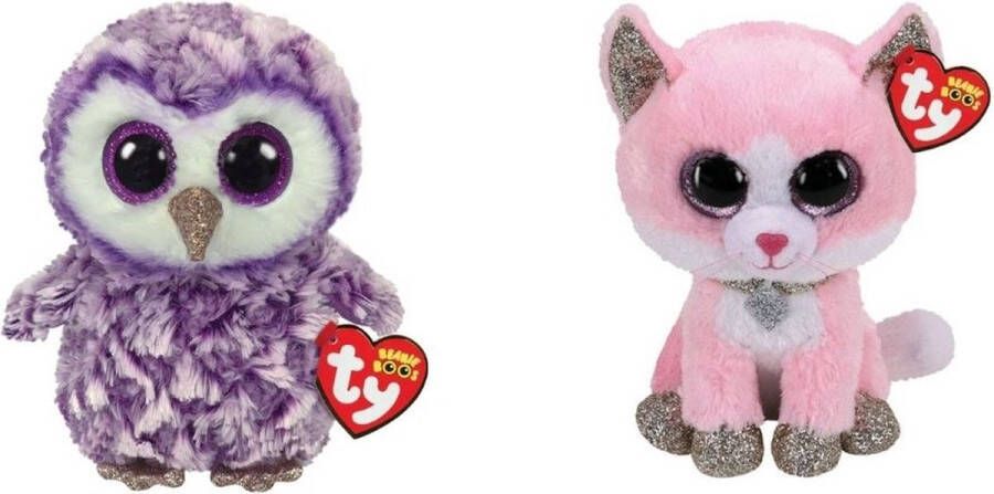 Ty Knuffel Beanie Boo&apos;s Moonlight Owl & Fiona Pink Cat