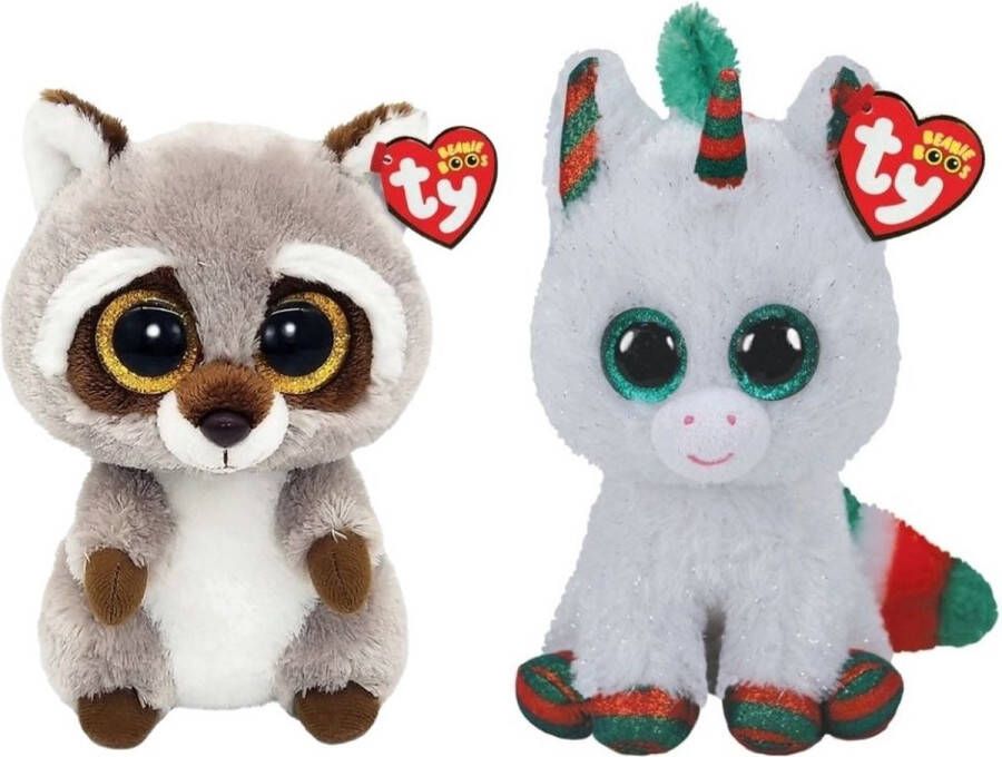 Ty Knuffel Beanie Boo&apos;s Racoon & Christmas Unicorn