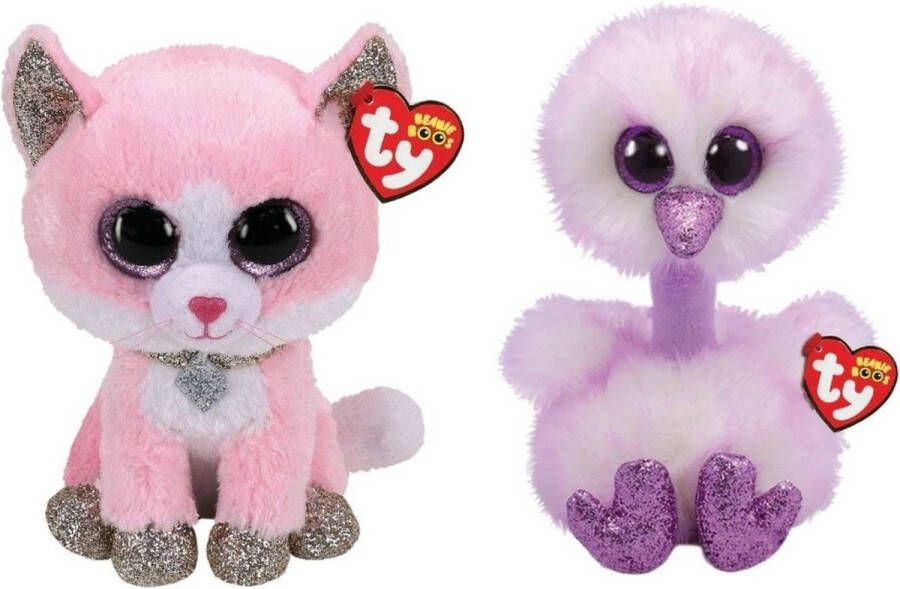 Ty Knuffel Beanie Buddy Fiona Pink Cat & Kenya Ostrich