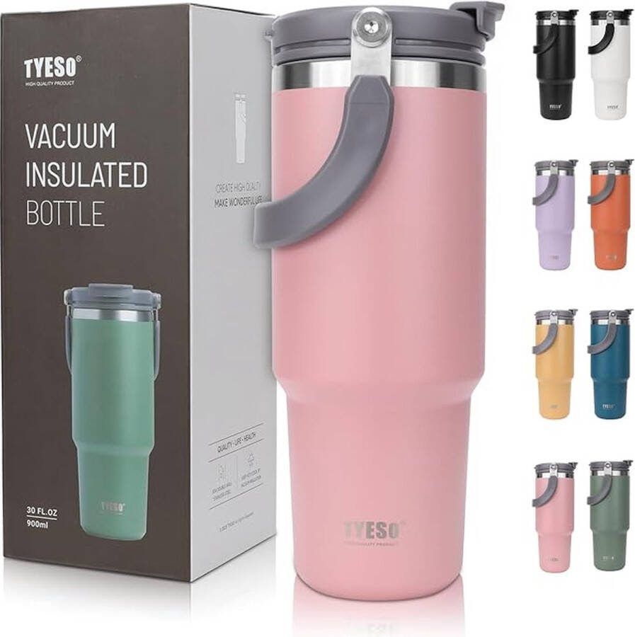 TYESO SHOP YOLO-Thermosbeker- met handvat 900 ml drinkbeker met deksel en rietje van dubbelwandige- roestvrij staal isolatie voor warme en koude dranken-ROZE
