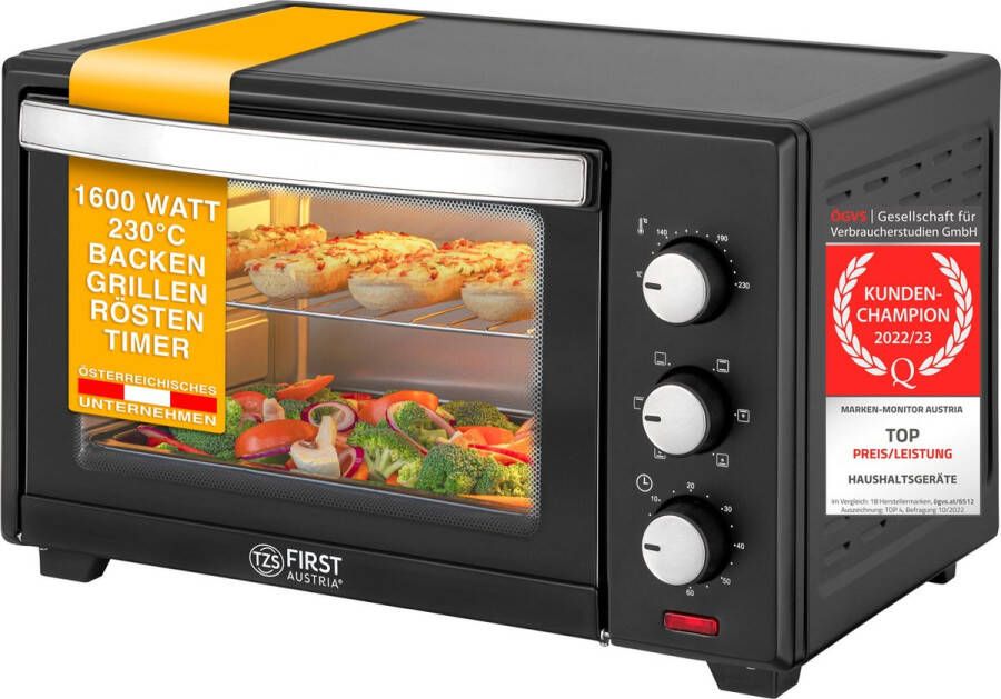 TZS FIRST AUSTRIA Mini oven 30L 1600W Vrijstaande Heteluchtoven max 230°C Timer Zwart