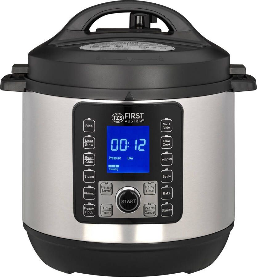 TZS FIRST AUSTRIA Multicooker 6L 1000W Snelkookpan Rijstkoker 12 Kookfuncties RVS Timer Zilver