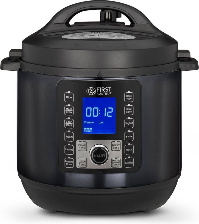 TZS FIRST AUSTRIA Multicooker 6L 1000W Snelkookpan Rijstkoker 12 Kookfuncties RVS Timer Zwart