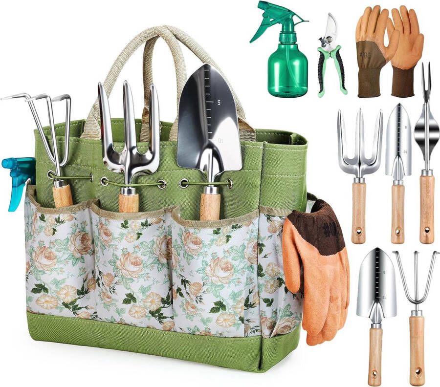 UB Heavy Duty Roestbestendig Tuingereedschap Set Inclusief Snoeischaar Onkruidsteker Handtroffel Tas en meer Ergonomische Handvat Opbergtas 9-delig Set voor Efficiënt Tuinieren Duurzaam RVS Weerbestendig