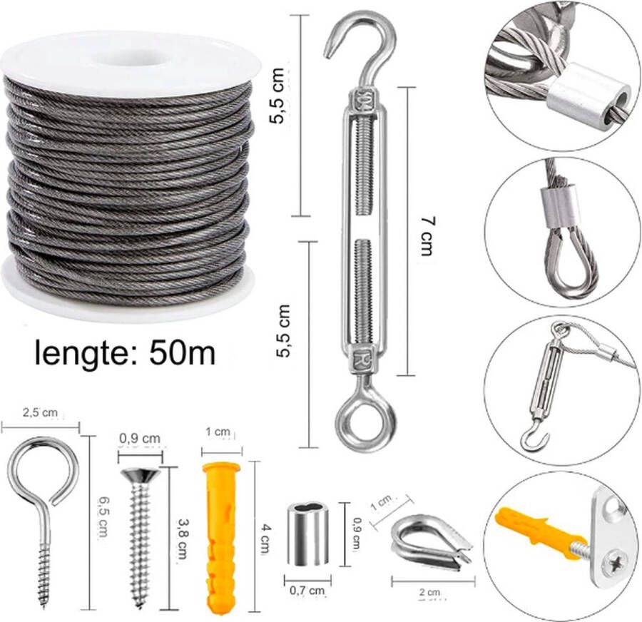 UB Staalkabelset 50 m Φ 2 mm staalkabel spandraad roestvrij staal staalkabel bedekt met oogjes touwspanset spanschroef voor gordijntouw waslijn lichtslinger