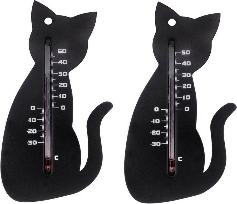 Ubbink Set van 2x thermometer voor binnen en buiten zwarte kat 15 cm