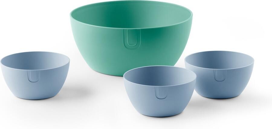 UBITE zomerset – bio-based saladeschaal aquamarine green (XL Ø 27) + set van 3 bio-based bowls sky blue (S Ø 13) saladeschaal saladekom kom schaal bakje duurzaam