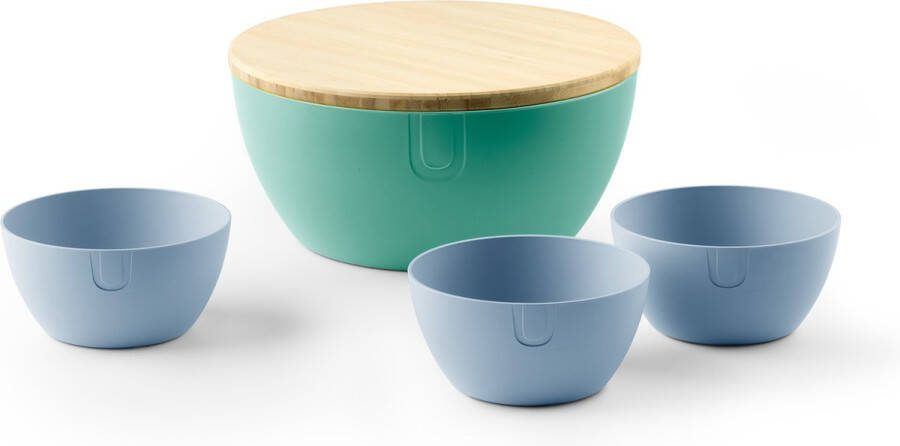 UBITE zomerset – bio-based saladeschaal aquamarine green (XL Ø 27) inclusief deksel snijplank + set van 3 bio-based bowls sky blue (S Ø 13) saladeschaal saladekom kom schaal bakje duurzaam