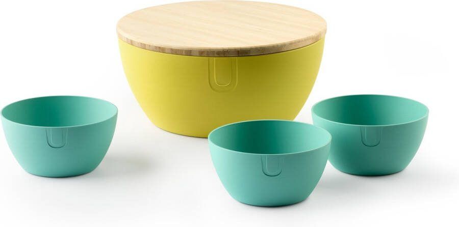 UBITE zomerset – bio-based saladeschaal cyber yellow (XL Ø 27) inclusief deksel snijplank + set van 3 bio-based bowls Aquamarine Green (S Ø 13) saladeschaal saladekom kom schaal bakje duurzaam
