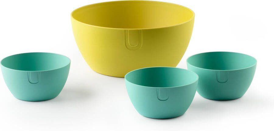 UBITE zomerset – bio-based saladeschaal cyber yellow (XL Ø 27) + set van 3 bio-based bowls aquamarine green (S Ø 13) saladeschaal saladekom kom schaal bakje duurzaam