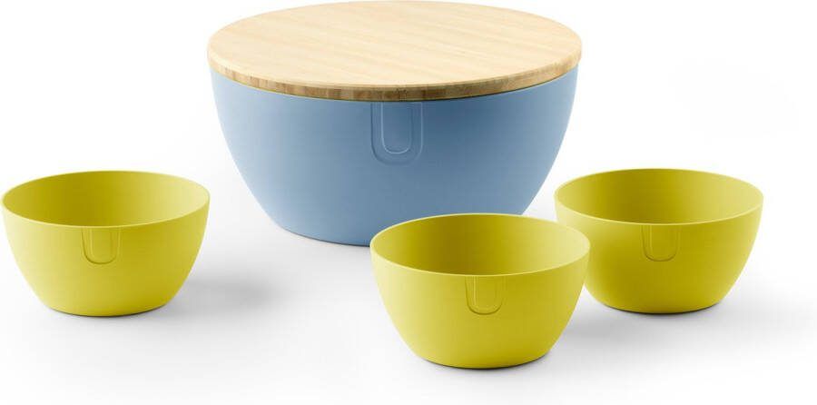 UBITE zomerset – bio-based saladeschaal sky blue (XL Ø 27) inclusief deksel snijplank + set van 3 bio-based bowls cyber yellow (S Ø 13) saladeschaal saladekom kom schaal bakje duurzaam