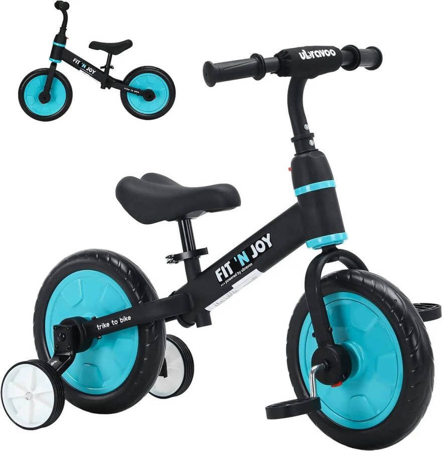 Ubravoo Directly 4 in 1 Loopfiets jongens 2 jaar tot 5 jaar- peuterfiets Verstelbaar zadel Met Pedalen en Zijwieltjes Maximaal Gewicht 30kg