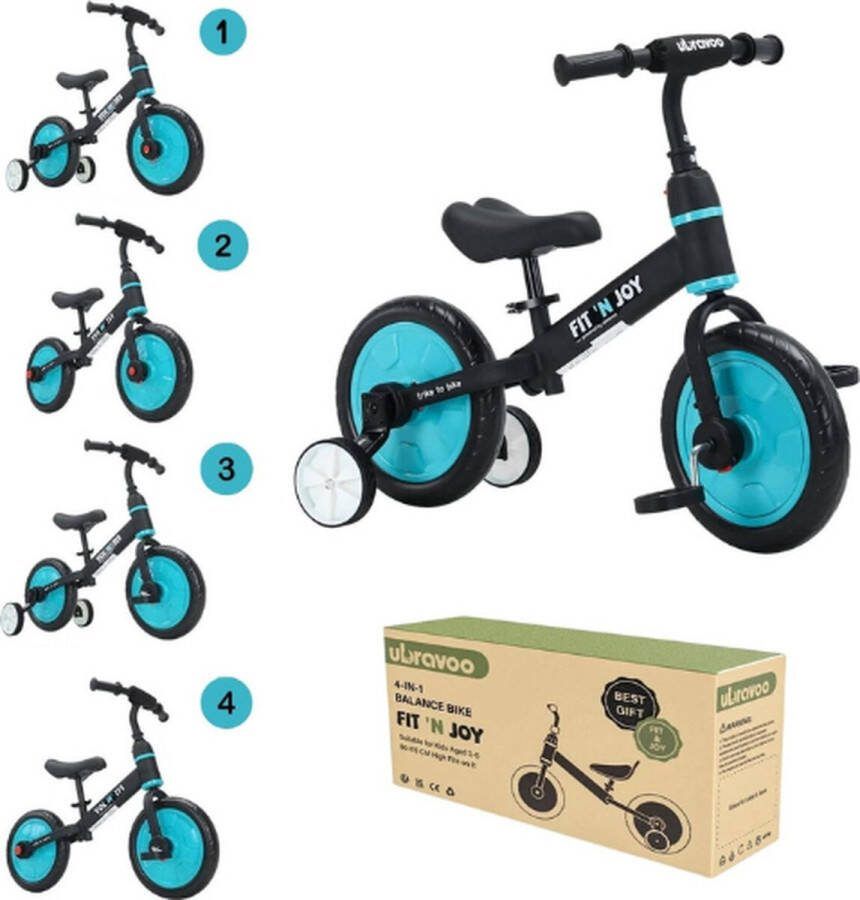 Ubravoo Loopfiets 4-in-1 Kinderfiets Peuterfiets Maximaal Gewicht 30kg Geschikt voor Kinderen 2 tot 5 Jaar Blauw Zwart