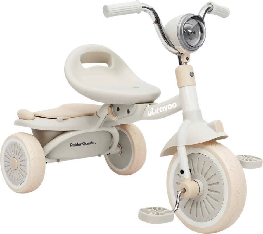 Ubravoo PolderGoods Baby fiets kinderen fietsen driewielers Opvouwbare Peuter Driewieler met Pedalen Met lamp & bakje Comfortabele Zitting Beige