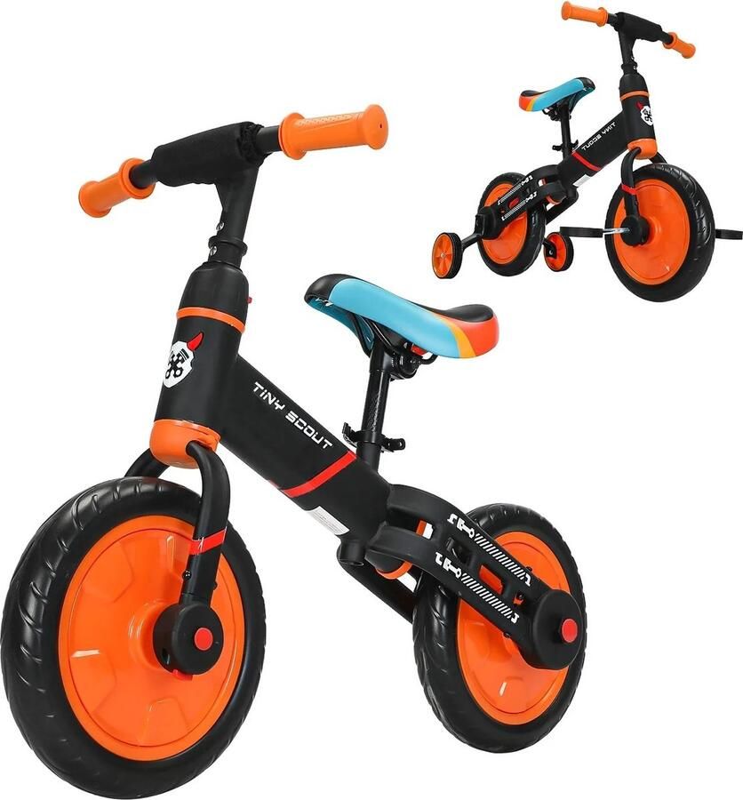 Ubravoo Loopfiets 4 in 1 Loopfiets jongens Kinderfiets Fiets jongens Fietsen Optionele zijwieltjes en pedalen Oranje