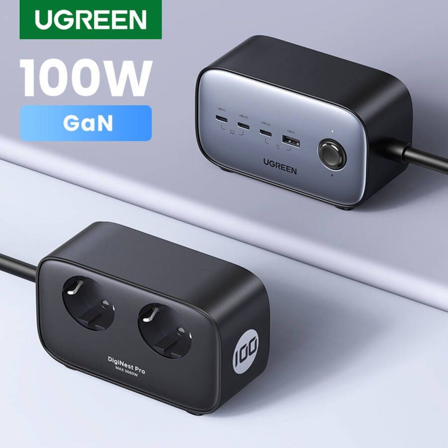 Ugreen DigiNest Pro 100W GaN Snellader USB C-stekkerdoos oplader 2-weg USB-aansluiting met schakelaar MacBook Pro Air iPhone 14 Pro Max iPad Pro Air Galaxy S23 Ultra S23+ S23