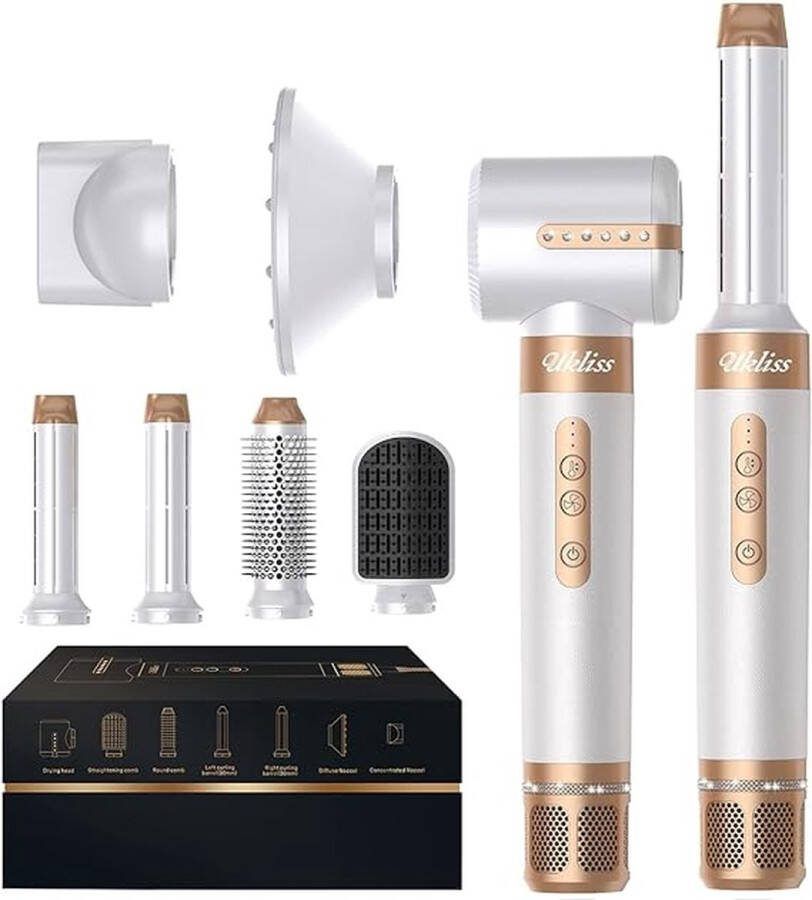 Ukliss 7 in 1 Air Styler Föhnborstel set 110.000 omw min Haardroger met Diamanten Fohn met Diffuser Heteluchtborstel Stijlborstel Krulborstel voor Het Drogen Gladmaken Volume en Stylen