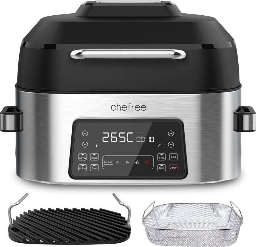 Ultenic CHEFREE Elektrische Buiten BBQ Grill en Smoker gezondheidsgrill en luchtfriteuse 6L familieformaat voor 5-6 porties intelligente 6-in-1 Smart XL multicooker max 265℃ 4-traps luchtgrill 0 rook olievrij zwart grijs AFG01