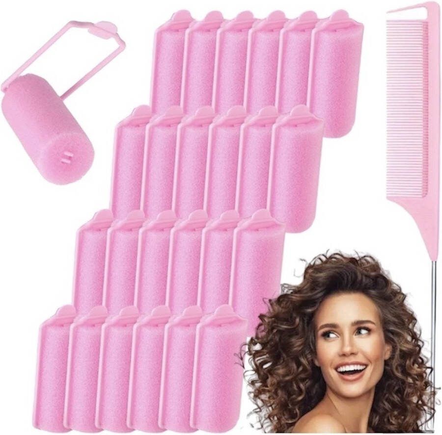 Ultiluxe Haarrollers set 24 stuks Roze 1.5 cm dik Met punt kam Schuimspons krulspelden voor krullen Foamrollers Krullen zonder hitte Heatless curls Haarstyling Zachte spons krullers met bevestigingsklem Krulset Haarkrullers