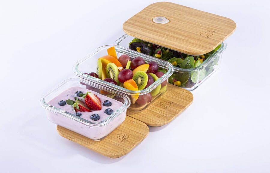Umami Lunchbox van glas en bamboe luchtdichte Japanse bento-box 1 laag mag in de magnetron oven en vaatwasser geen afval