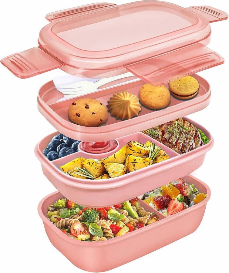 Umiblu Lunchbox set 3 laags Roze 1900 ml Stapelbare broodtrommel met vakken Voor volwassenen of kinderen Bento box