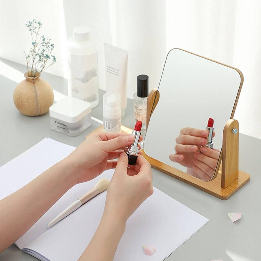 Unbranded 360 Graden Draaibaar Tafelblad Make-up Spiegel met Standaard Houten Vanity Mirror Desktop Spiegel Houten Frame Cosmetische HD Spiegel voor Kantoor Slaapkamer Badkamer Groot