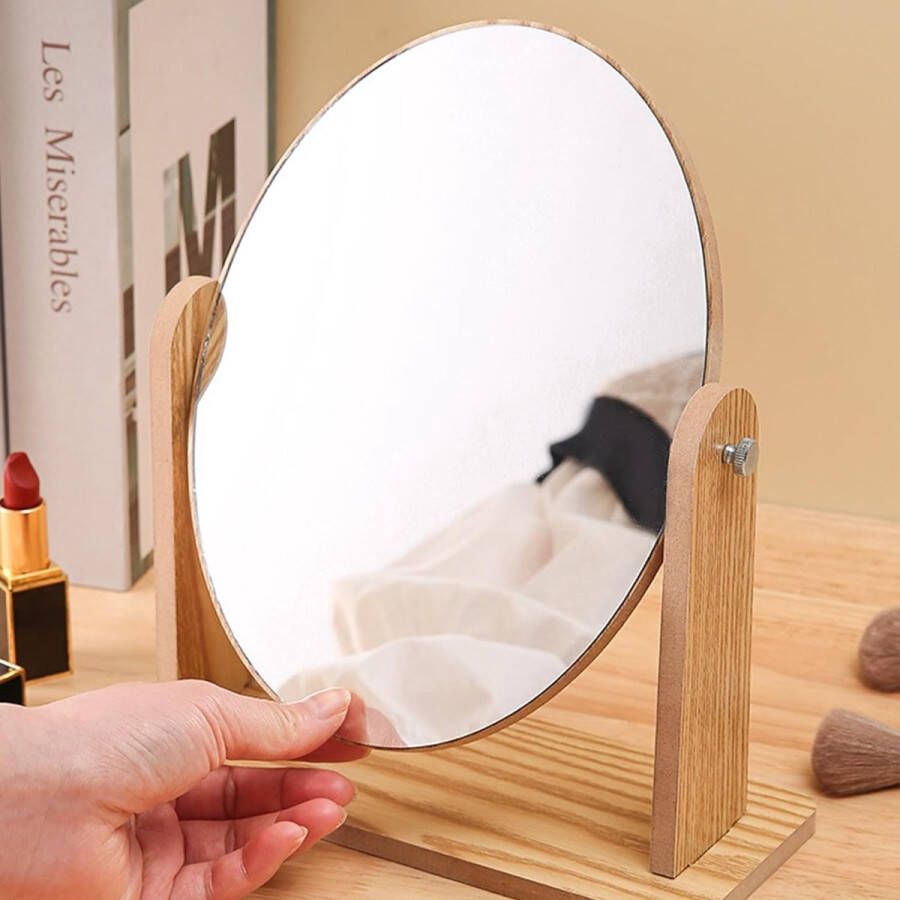 Unbranded 360 Graden Draaibaar Tafelblad Make-up Spiegel met Standaard Houten Vanity Mirror Desktop Spiegel Houten Frame Cosmetische HD Spiegel voor Kantoor Slaapkamer Badkamer Rond Draaibaar