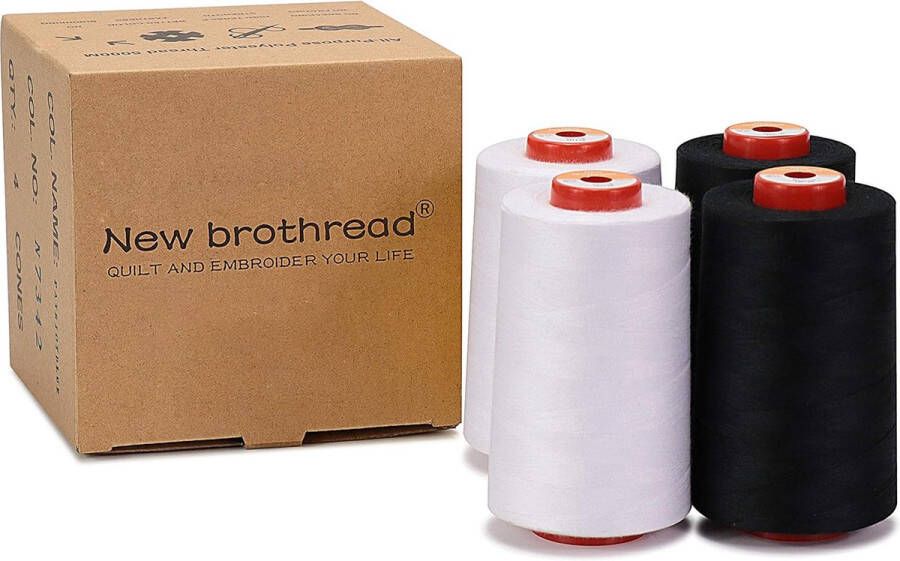 Unbranded 4 Grote Kegels van 5000m polyester naaigaren voor alle doeleinden 40S 2 (Tex27) voor naaien quilten patchwork serger en overlock 2 White + 2 Black