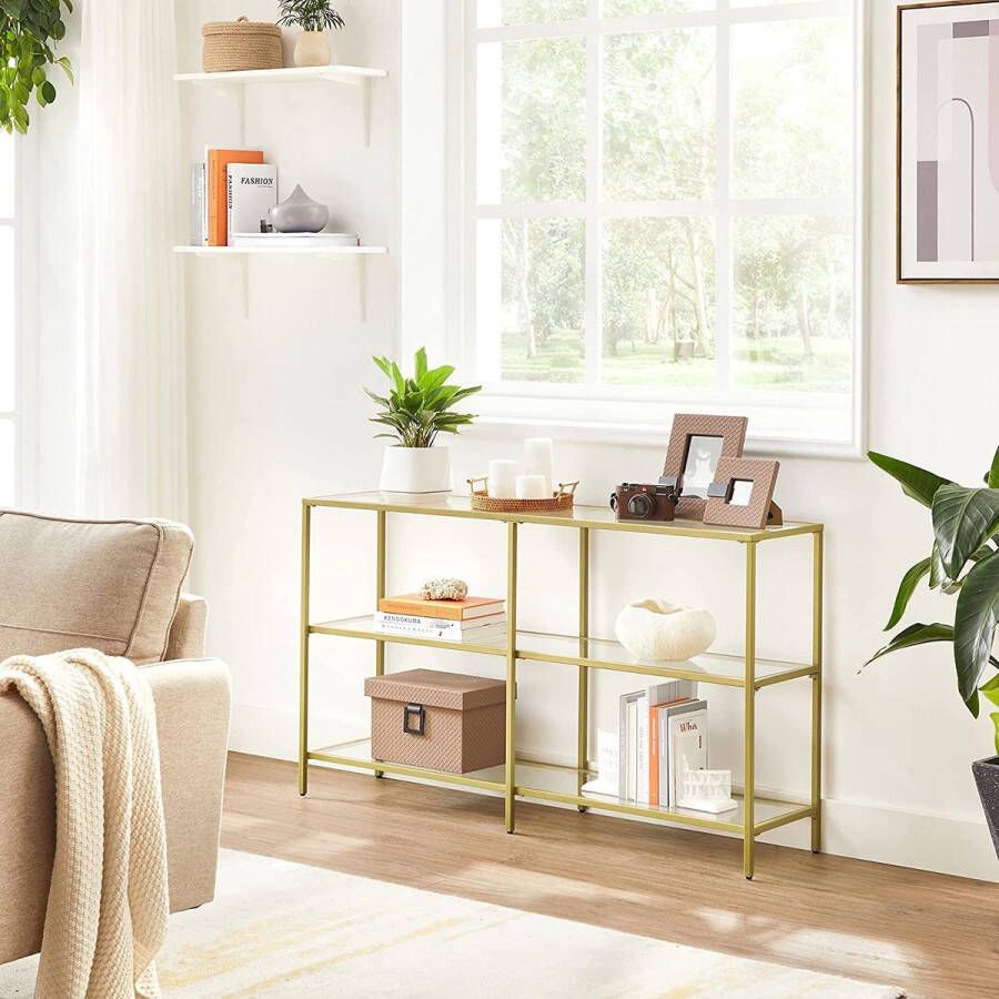 Inandoutdoormatch Consoletafel Fredrick Hal 3 Tier Bijzettafel Planken van Gehard Glas 130x30x73cm Metalen Frame Modern voor Hal Woonkamer Slaapkamer Goud Vaderdag cadeau