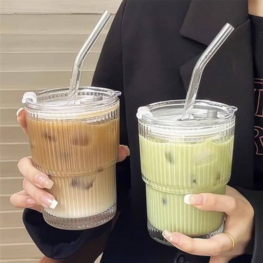 Unbranded Glazen bekers van 400 ml met deksel en rietje glazen smoothiebekers met rietje luchtdicht waterdicht design koffiebeker reiskoffiebeker drinkglas 2 stuks
