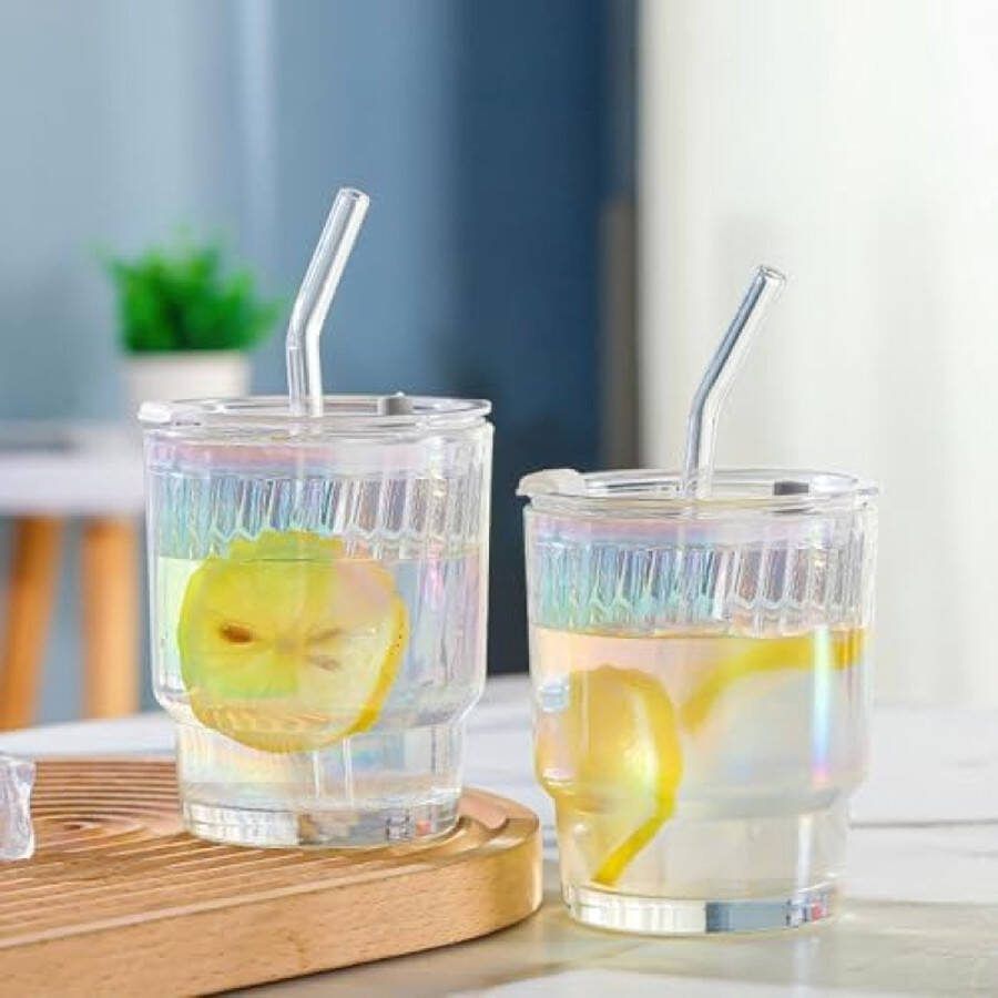 Unbranded Glazen bekers van 400 ml met deksel en rietje glazen smoothiebekers met rietje luchtdicht waterdicht design koffiebeker reiskoffiebeker drinkglas 2 stuks