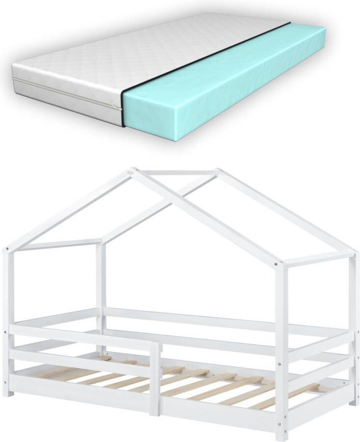 Unbranded Kinderbed Dina Grenen Huisbed Met matras en valbescherming 70x140 cm Wit Voor meisjes Voor jongens Voor kinderen