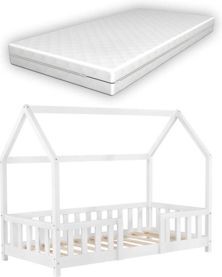 Unbranded Kinderbed Ian Met valbescherming en matras 70x140 Wit Voor meisjes Voor jongens Voor kinderen