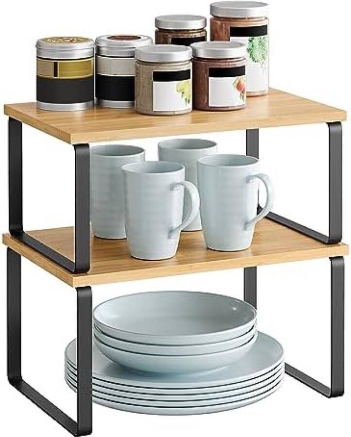 Unbranded Kruidenrek set van 2 keukenrek keukenorganiser uitbreidbaar kruidenhouder zwart-naturel