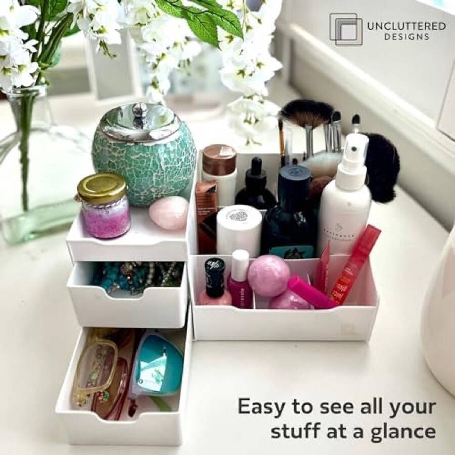 Unbranded Make-up organizer met lades chique aanrecht opslag voor cosmetica elegante ijdelheid houder voor borstels oogschaduw lotions lippenstift nagellak en sieraden (wit)