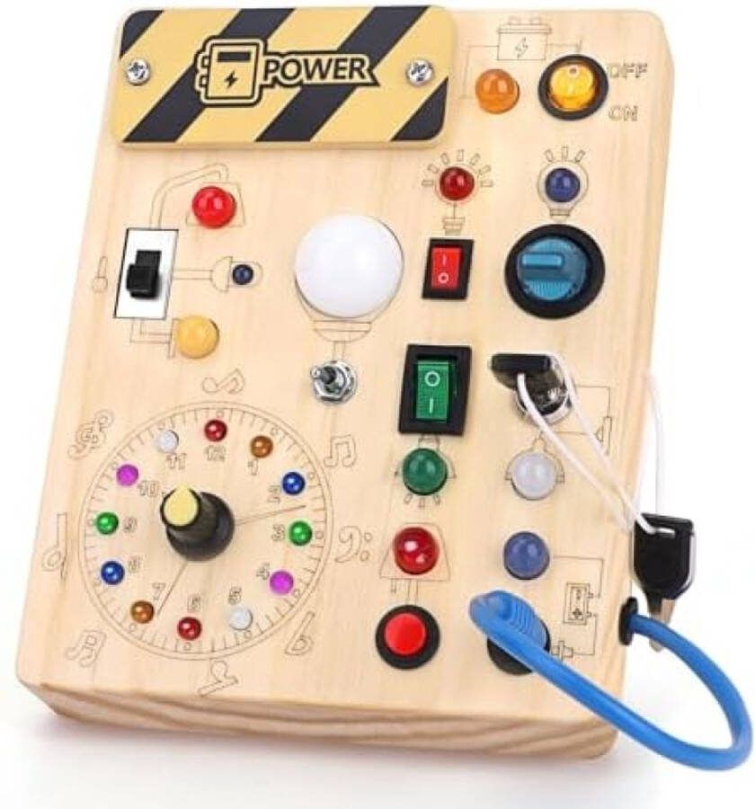 Unbranded Montessori Speelgoed Busy Board Activiteitenbord Houten speelgoed met 10 schakelaars 23 LED-verlichting Zintuiglijk leerspeelgoed 1 2 3 jaar jongens en meisjes