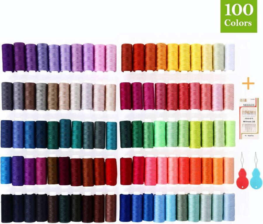 Unbranded Naaigarenset voor naaimachine 100 kleuren overlockgaren 230 meter (250 yard) rollen draad 900 g 100% polyester met 16 naalden en 2 naaldinrijgers naaiset