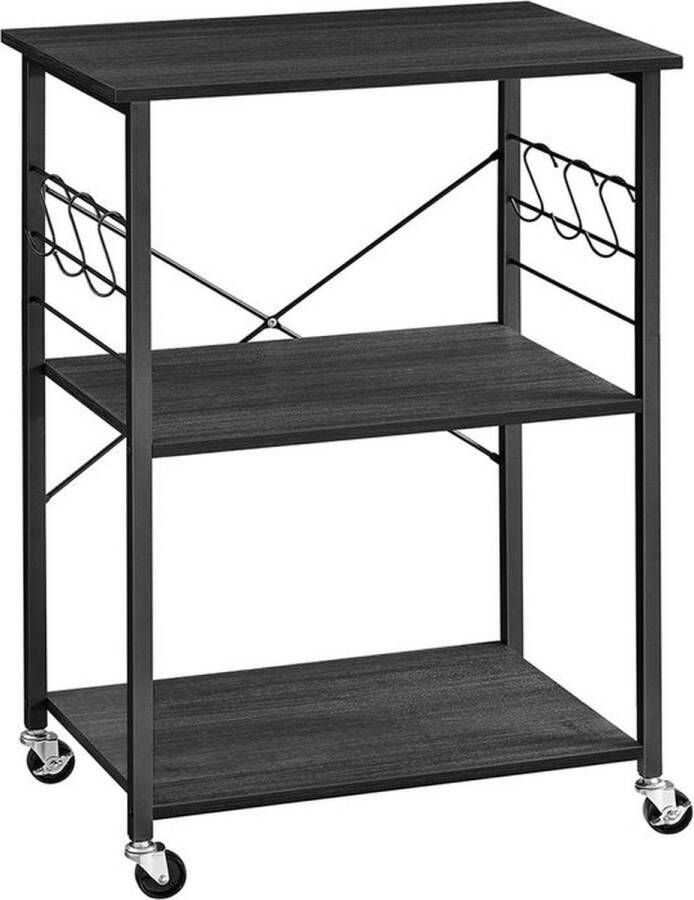 Unbranded Signature Home Keukenrek met wieltjes magnetronrek 3 niveaus houder voor magnetron oven broodrooster metalen frame met 6 haken industrieel ebbenhout-zwart