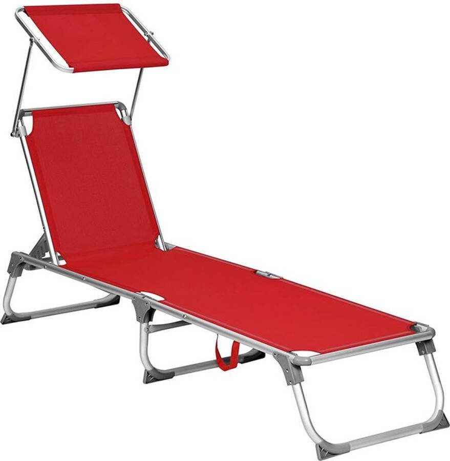 Unbranded Ligstoel inklapbare ligstoel 193 x 55 x 31 cm max. belastbaarheid 150 kg met zonwering verstelbare rugleuning voor terras zwembad tuin rood